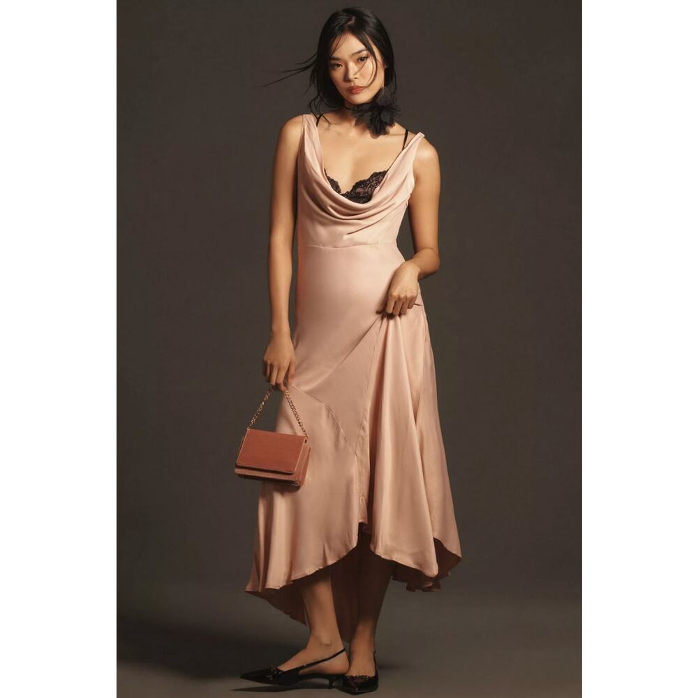 Anthropologie Rose Gold Satin Midi Dress - Picture 2 of 5